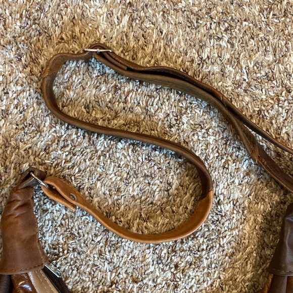 Genuine Leather Hobo Purse Adjustable Strap Brown Patchwork - Picture 3 of 9